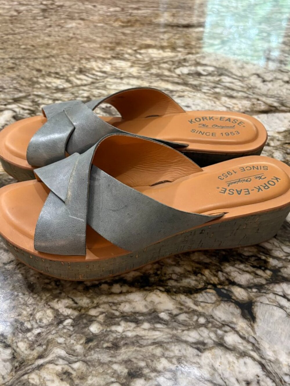 Kork-Ease Sabrina Size 8 Blue Leather Slip On Wedged Heel Slide Sandals
